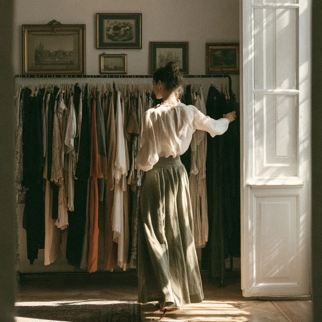 A woman reaching into a rail of clothes in a sunlit room